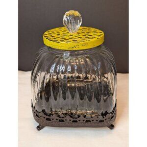 Shabby Chic Glass Vanity Cookie Jar W/ Yellow Lid & Metal Base Farmhouse Cottage